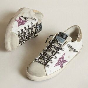 Golden Goose Pink Glitter Suede Superstar Leopard Laces Gold Heel Size 8 EU 38